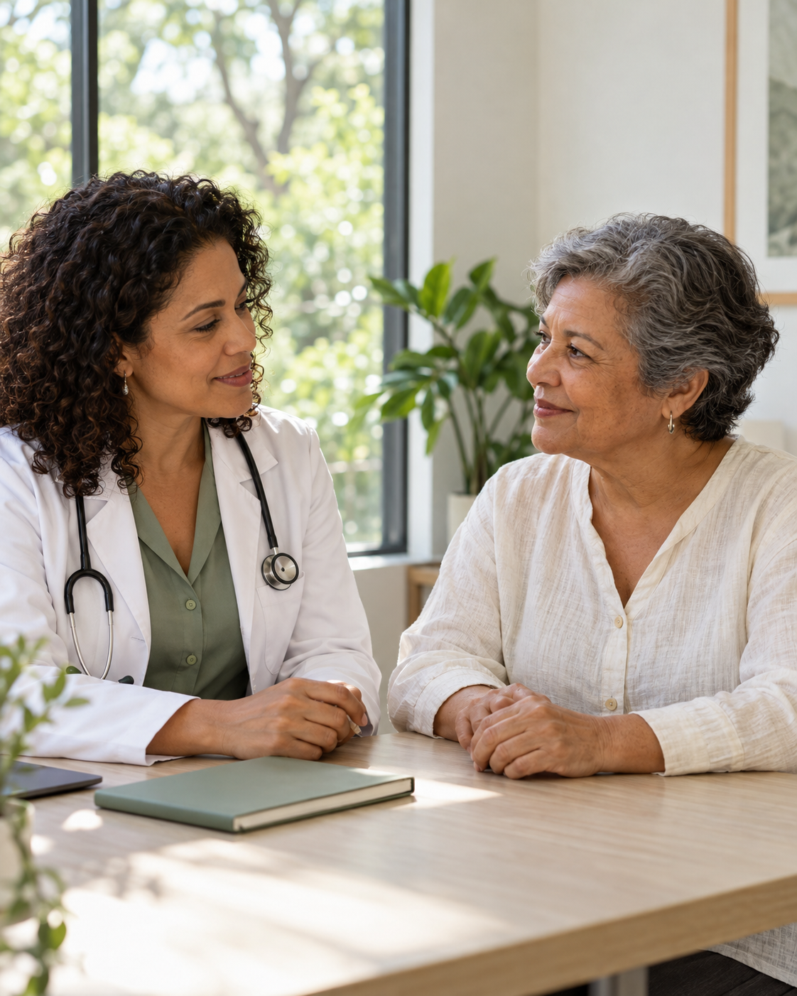 Imagem ilustrativa de uma médica conversando com uma paciente em um consultório iluminado